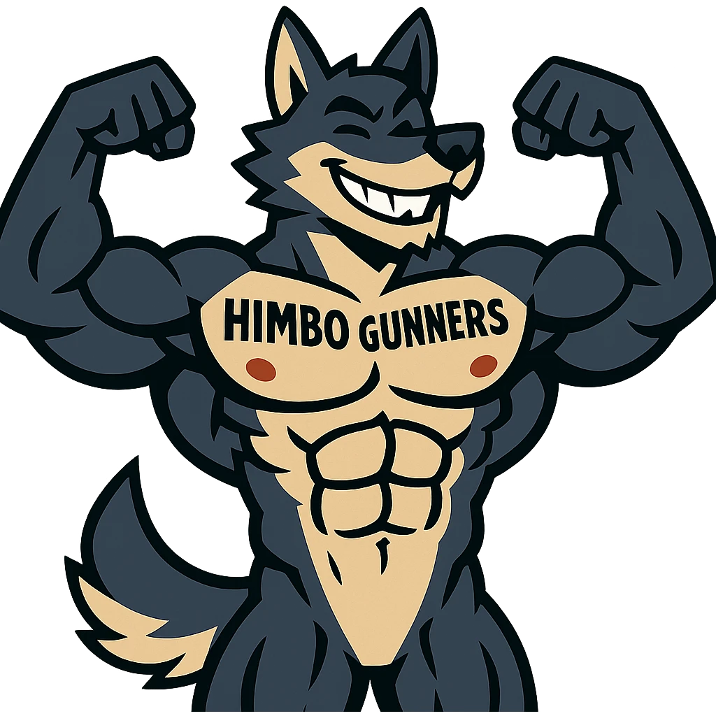 extremely muscular wolf furry, shirtless, 'Himbo Gunners' tattoo across chest, flexing, smiling confidently emoji