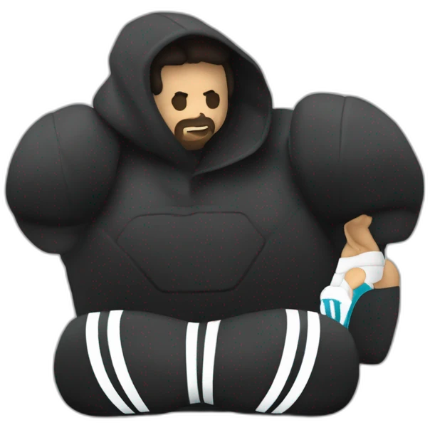 una hombre argentino morocho tatuado sentada con un conjunto adidas negro emoji
