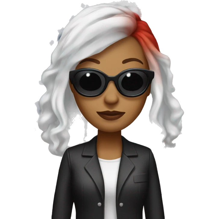 white and red hair. She wears American black work clothes, with white stars on her hair and an American flag in her hair. She is in her office in real life. She wears sunglasses.  emoji