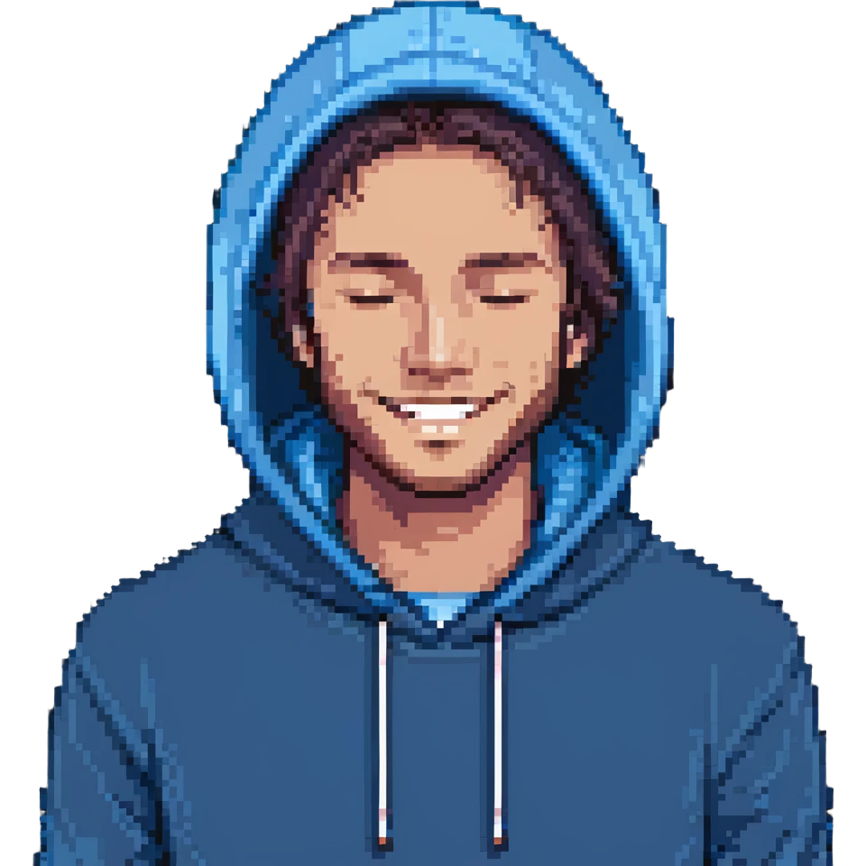 pixel art of a man with a blue hoodie, smiling and blinking, close-up face, simple background emoji