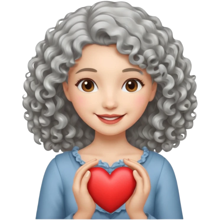 silvery curly/wavy shoulder-length hair smiling lady holding a heart less hair emoji