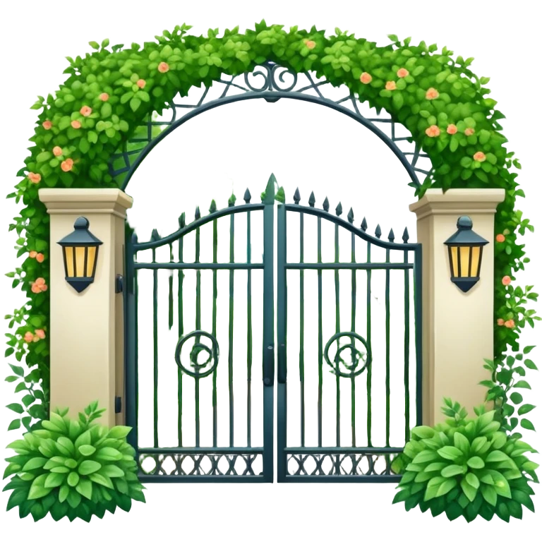 house entrance with iron gate and fence surrounded by lush green plants and bushes emoji
