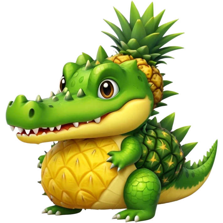 A cute crocodile with a pineapple body, the crocodile head is green with teeth and the body is a yellow pineapple with spiky texture emoji
