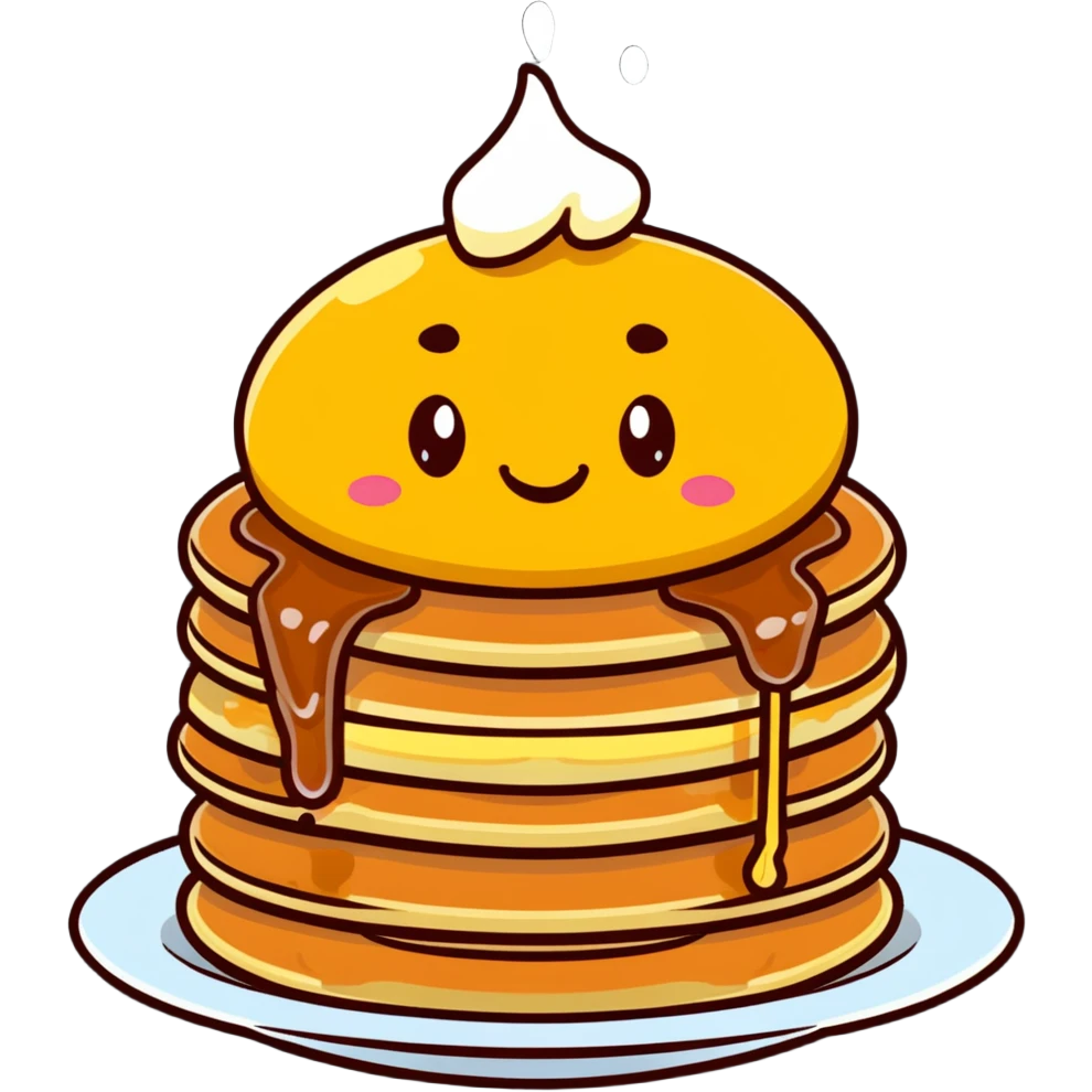 adorable pancakes with butter on top and maple syrup dripping down, smiling face emoji