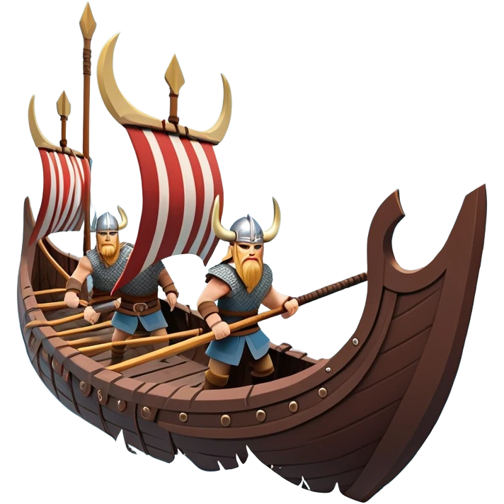 clash-of-clans-aesthetic_-cinematic-viking-longboat, rendered in a flat, bold vector style with minimal shading, featuring a striking dragon-headed prow slicing through icy, churning waters. shields on the side and vikings rowing The longboat’s intricately detailed shields and carved motifs evoke a sense of epic adventure and Nordic might, with billowing sails catching a dramatic, stormy sky backdrop. emoji