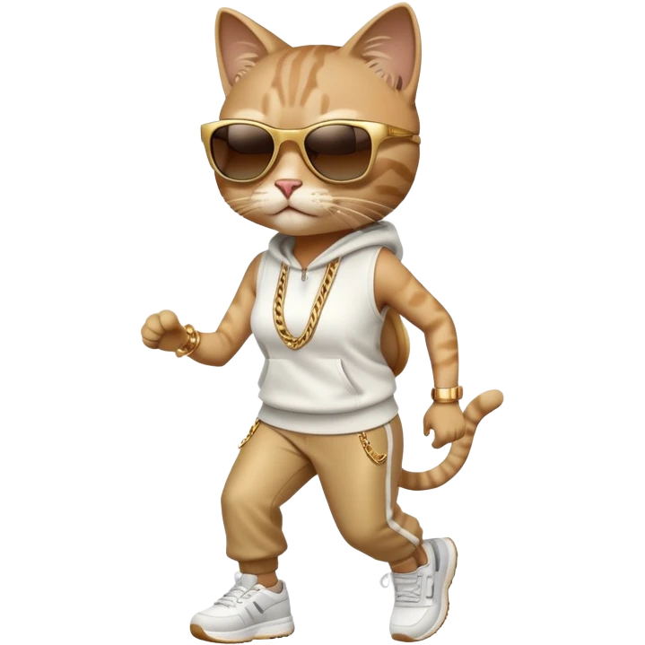 friendly anthropomorphised female cat in hip-hop Run DMC clothing, dark sunglasses, gold chains, jogging upright emoji