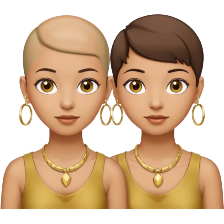 Twin sisters olive skin tone one with bald head and one with pixie brown hair cut wearing gold hoop earrings and gold necklace emoji