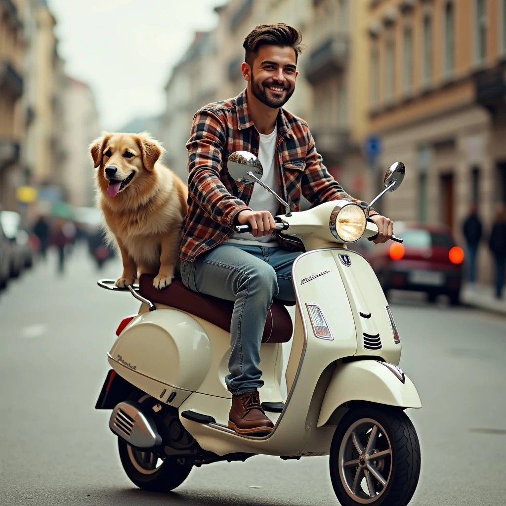 man and his pet dog riding a vespa emoji