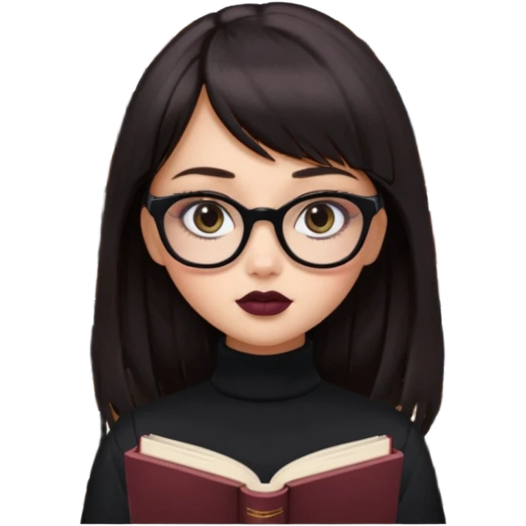 generate a pretty bratz girl with black small square spectacles, dark lipstick, black turtleneck , books in hand, dark brown straight long hair with bangs, eyeliner on,  emoji