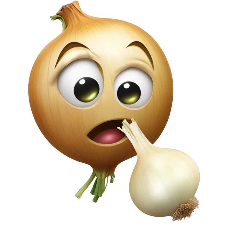 An emoji of a cute anthropomorphic onion kissing a smiling garlic clove on the cheek.  emoji