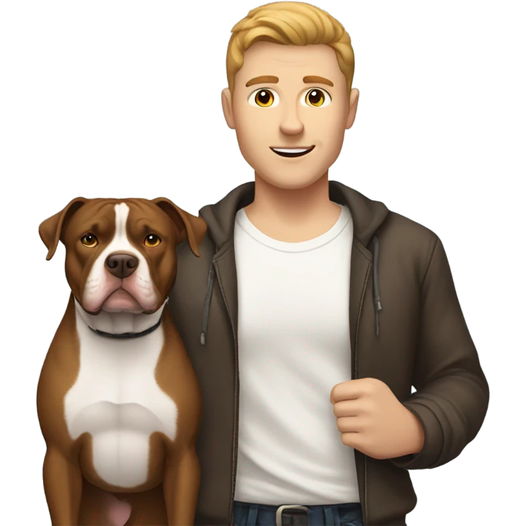white male with brown hair standing alongside a white and brown pitbull emoji