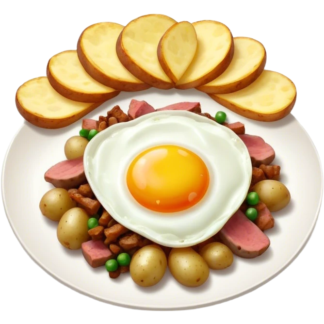 hash of potatoes, onions, and meat with fried egg emoji