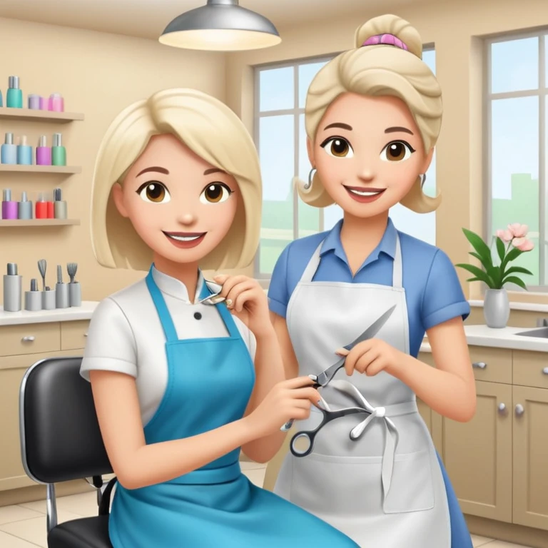 friendly and cheerful salon scene with a woman client smiling in chair wearing an apron and a female hairstylist smiling behind her holding scissors, bright and positive atmosphere emoji