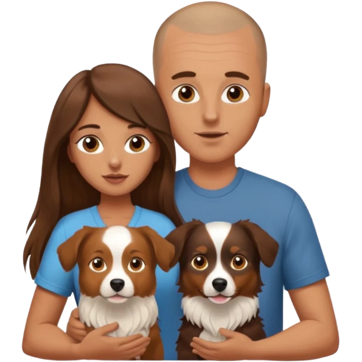 Man with shaved head holding woman with very long brown hair and one Aussie dog emoji