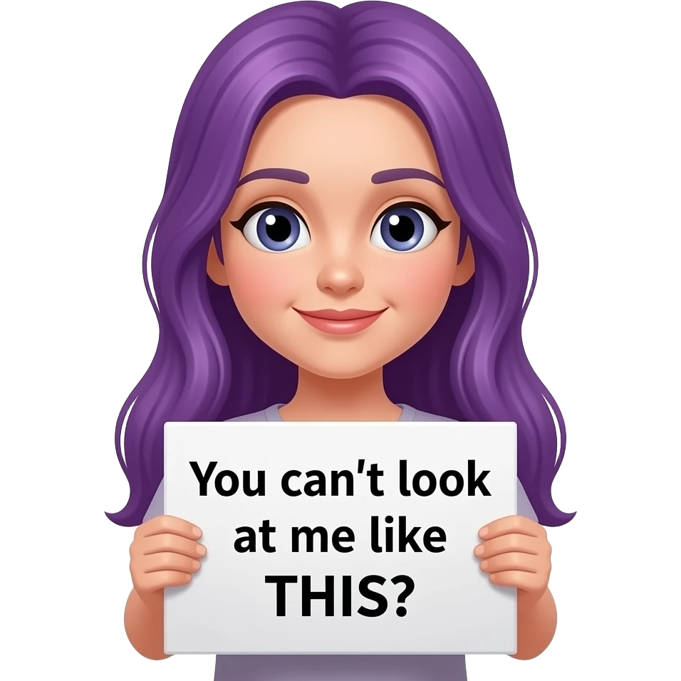 girl with long purple hair with a You can't look at me like THIS sign emoji