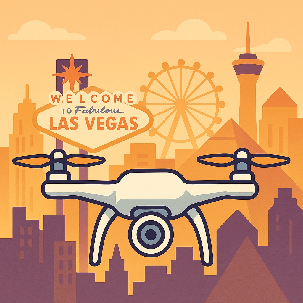 flat toon style drone with stylized Las Vegas skyline emoji