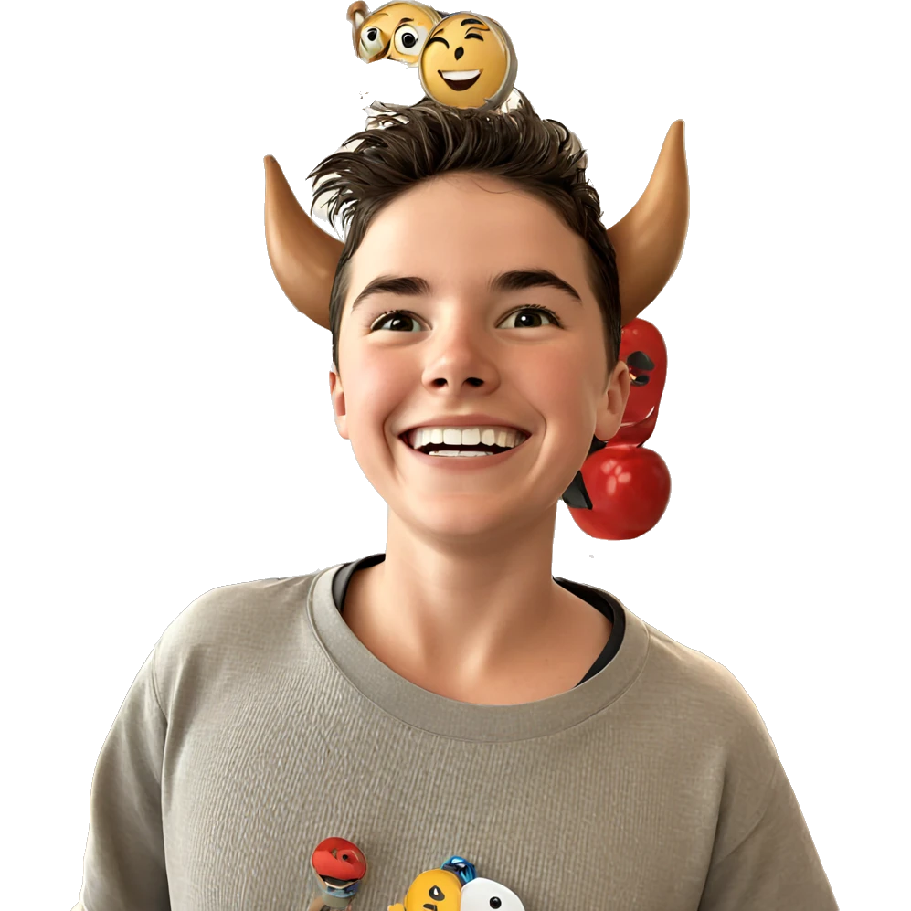 smiling boy indoors with clock emoji