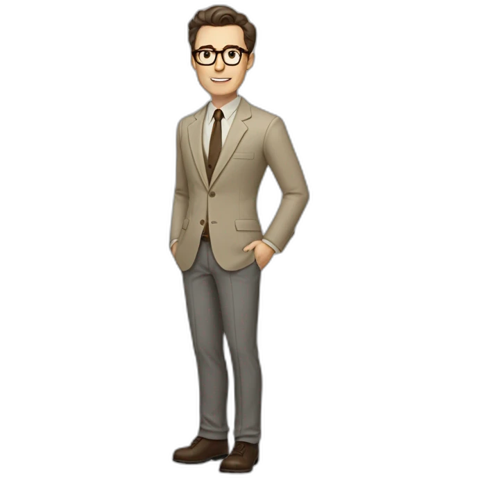 Full height Gesticulating Pale skinned fit man with dark brown hair in gray jacket, beige office shirt, brown tie, brown pants and vintage glasses. emoji