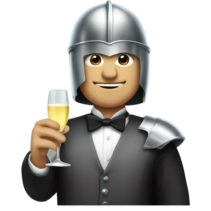 Guy wearing a knight helmet wearing a tuxedo with a glass of champagne  emoji