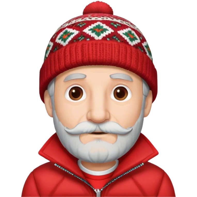 Older man with gray hair small beard and big nose with a patterned beanie on wearing red jacket emoji