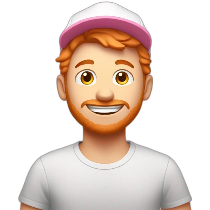 guy with short ginger hair wearing a white hat and a pink tshirst looking excited and super happy with no bear emoji