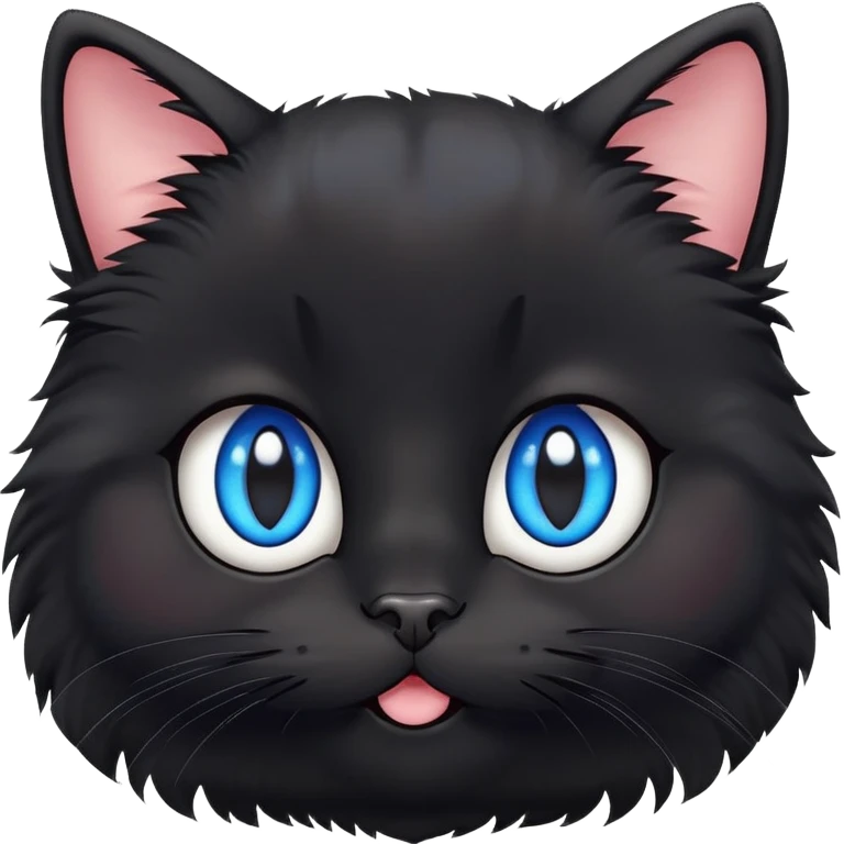 super cute fluffy black cat face with big adorable blue eyes, kawaii style, round face, very cute expression emoji