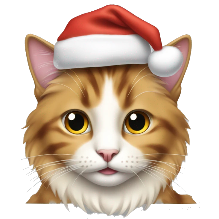 Long hair light calico cat wearing a Christmas hat emoji