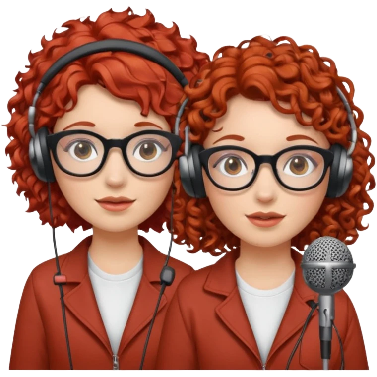 two girls. both white. one with curly red hair and glasses. one with curly brown hair without glasses. there are headphones and microphones for doing a podcast emoji
