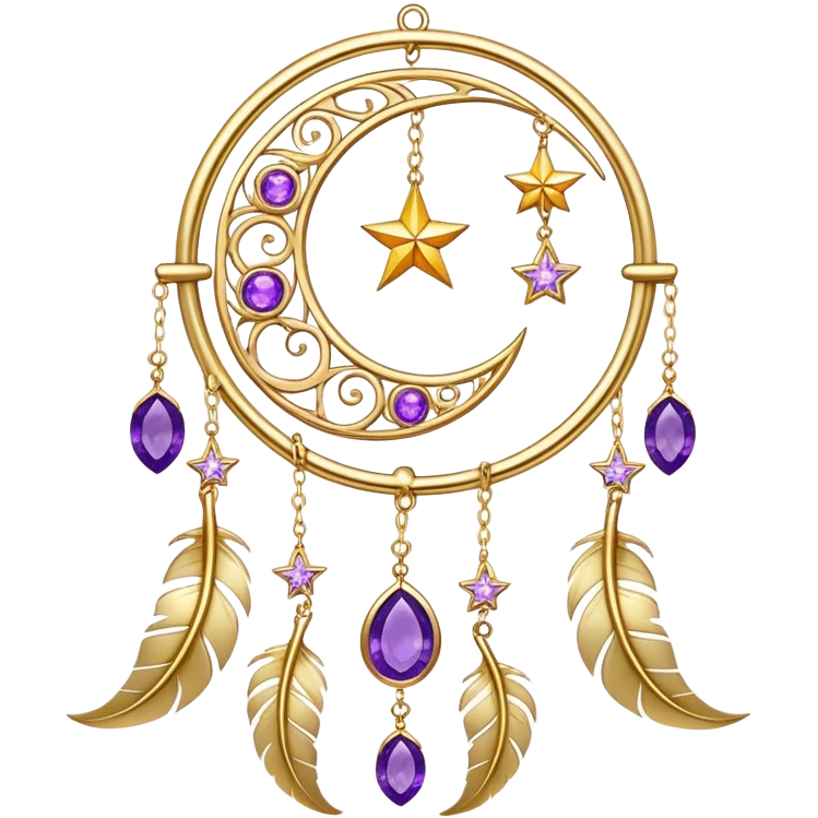 Epic beautiful gorgeous cute gold suncatcher, threads with shiny sparkly amethyst gemstones, flowers, crescents-moons, stars, gold Feathers  emoji