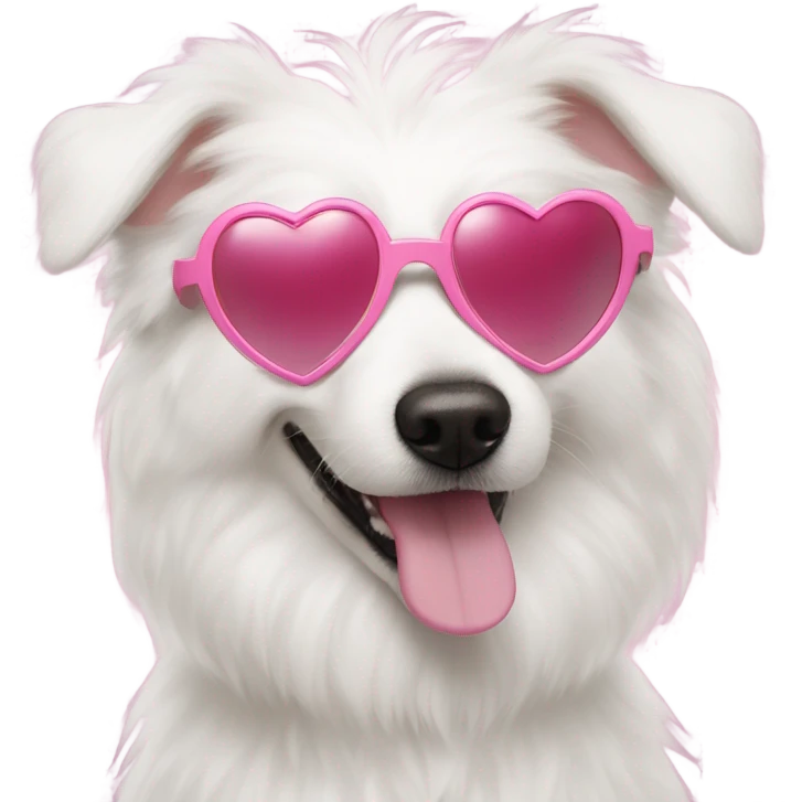 Fluffy white dog with pink heart sunglasses emoji