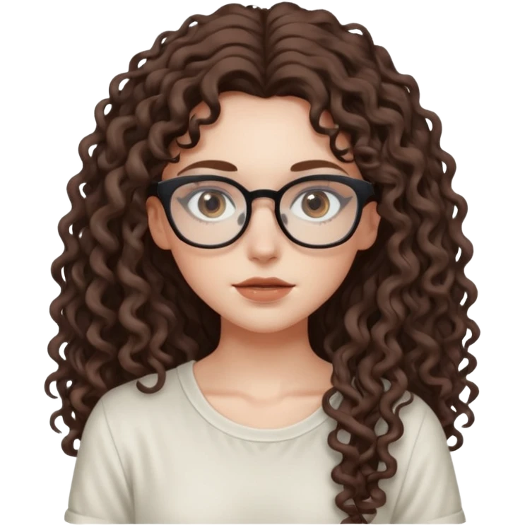aesthetic white girl with cool colored brown, very long curly hair, she wears an offwhite top and her eyes are black , and wears thin small square glasses emoji
