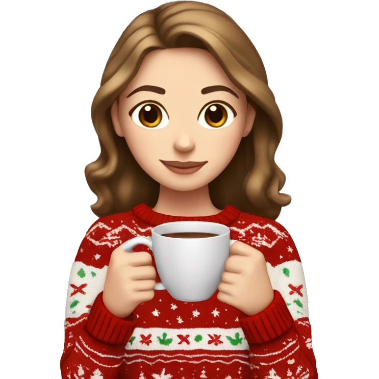 White girl with brown hair drinking coffee in a Christmas sweater emoji