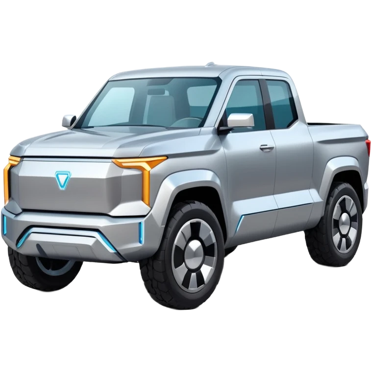 A futuristic electric pickup truck emoji, silver chrome body, angular cyber design, smooth metallic panels, subtle reflections, minimalistic proportions, iOS emoji style, centered composition, clean white background, soft lighting emoji