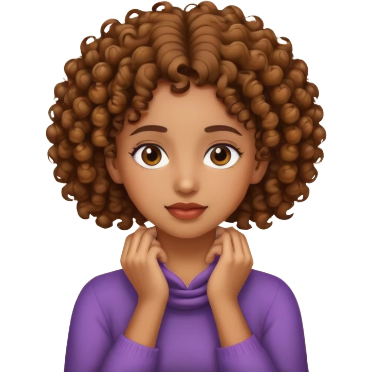 A brown girl with curly hair holding her neck with both hands. emoji