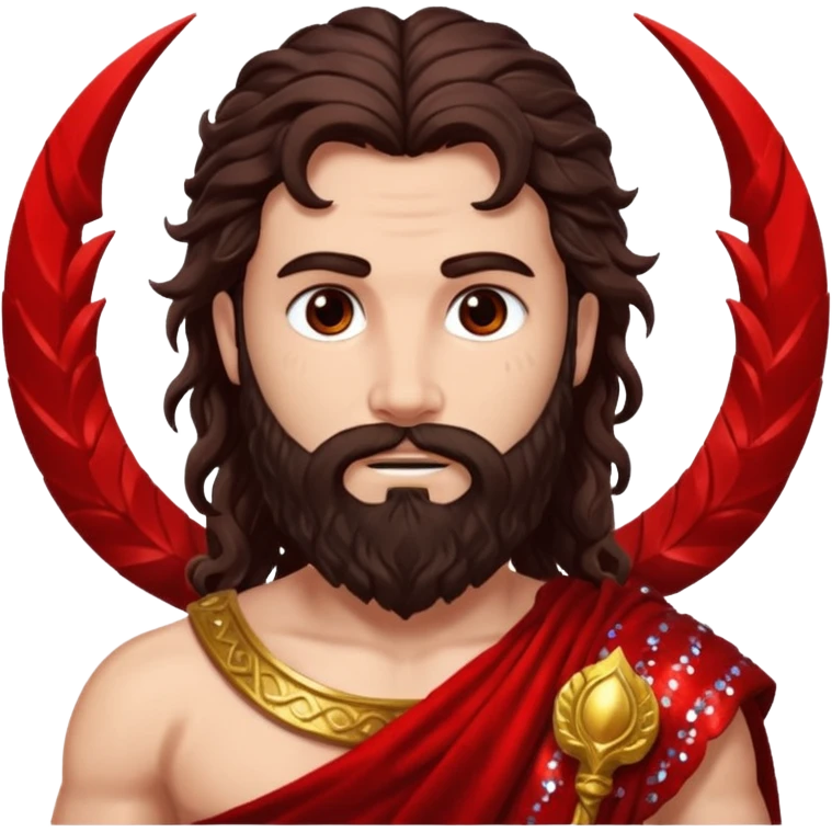Mars, God of War from Roman Deities with long dark brown wavy hair and beard, deep red sequin toga emoji
