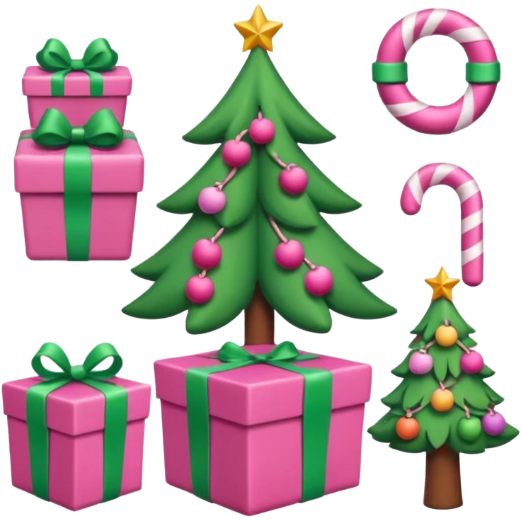 emojis estilo pixar de la cara de santa, arbolito rosa, reno, lazo coquet,bastones de caramelo rosa, caja de regalo rosa, arbolito verde con bambalinas rosa emoji