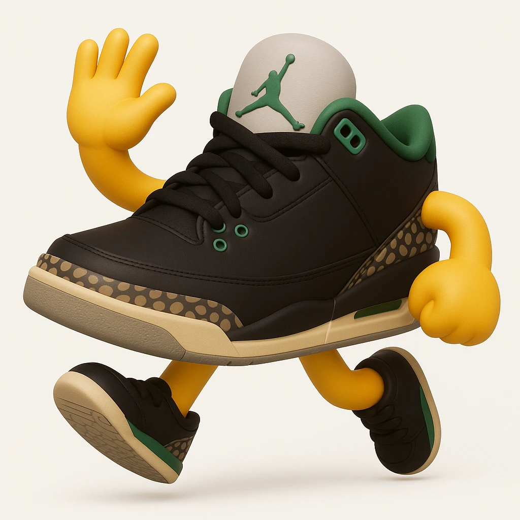 Create a sneaker character in a running pose with arms and legs, inspired by the reference image, in a 3D emoji style. The style should resemble Microsoft style 3D fluent emojis with a dynamic and energetic pose. emoji