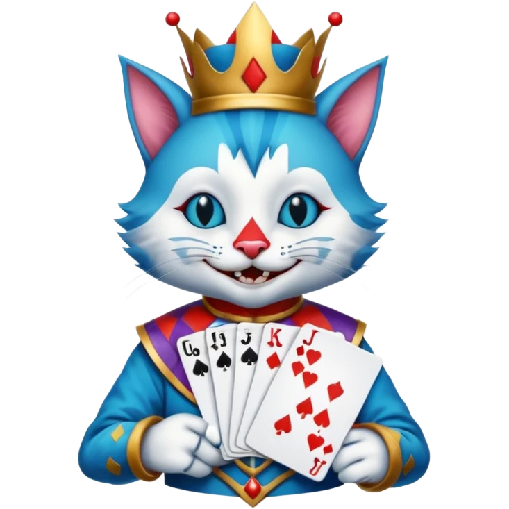 crazy colorful cute little cat jolly joker from poker, medieval, vintage, court jester, mac os icon, blue color, holds poker cards (clearly detailed and precise) emoji