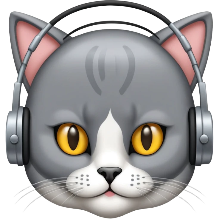 Gato persa gris con audífonos y detrás de él un cartel con el nombre PRIMERA 88.3FM emoji