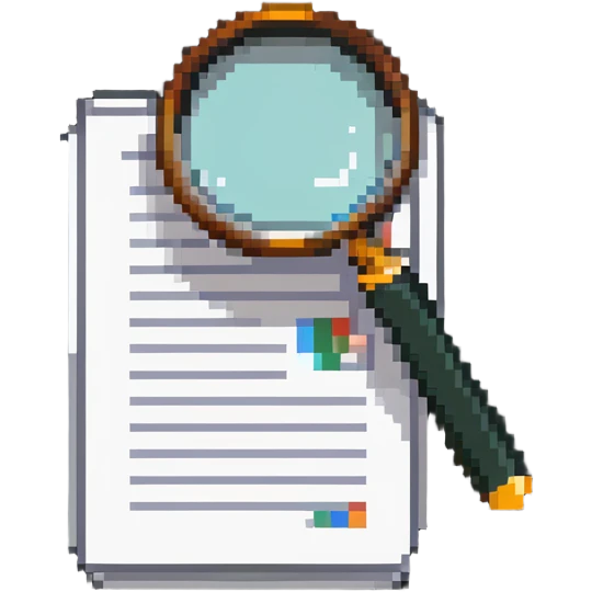 information repository icon with document stack and search magnifying glass emoji