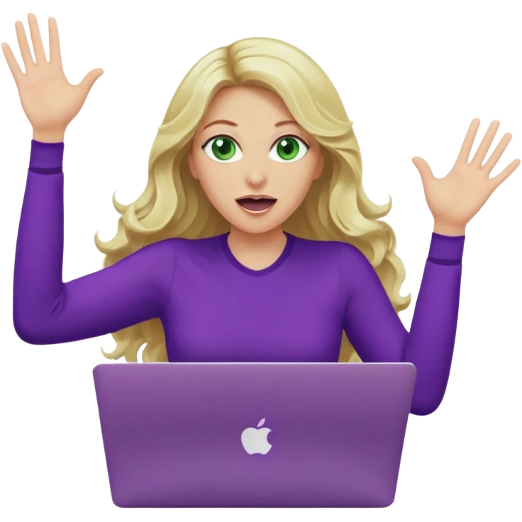 lady with long wavy blonde hair, purple top, green eyes, throwing her with a purple mac laptop hands in the air screaming emoji