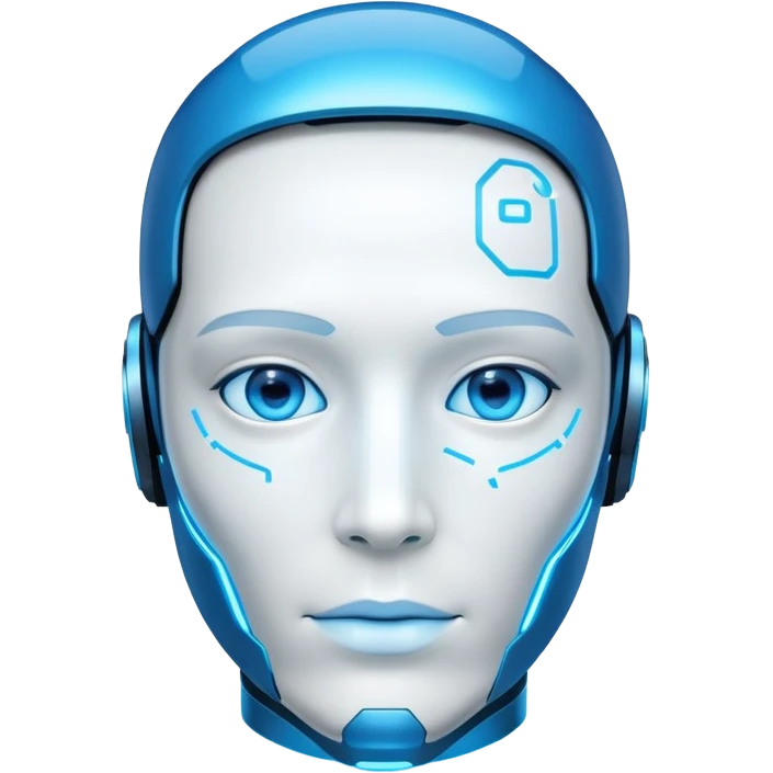 ultimate AI assistant like Jarvis, glowing blue face, digital features, futuristic emoji