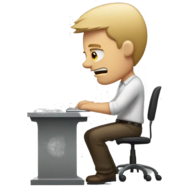 white man sitting at desk, working at computer looking frustrated emoji
