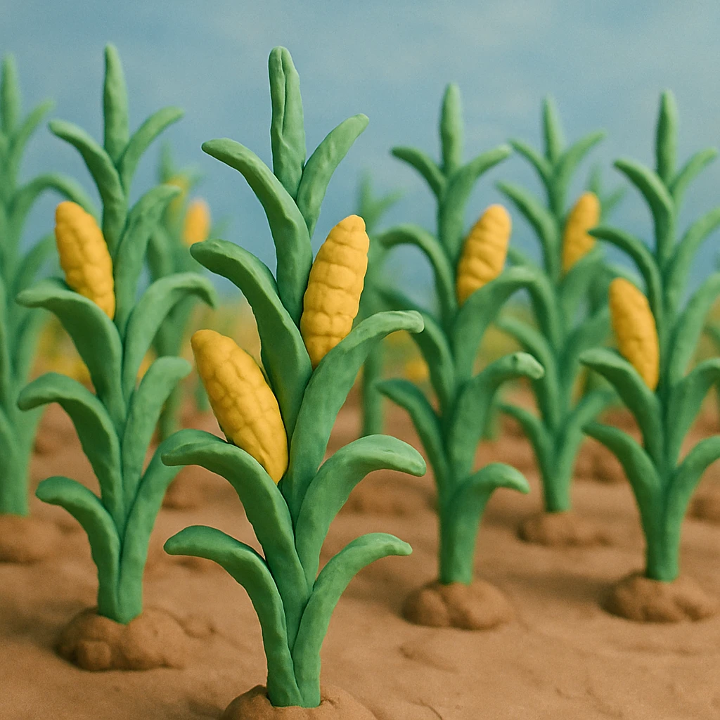 rows of tall corn stalks with green leaves and yellow corn in a corn field, soft pastel colors, blue sky, claymation style emoji