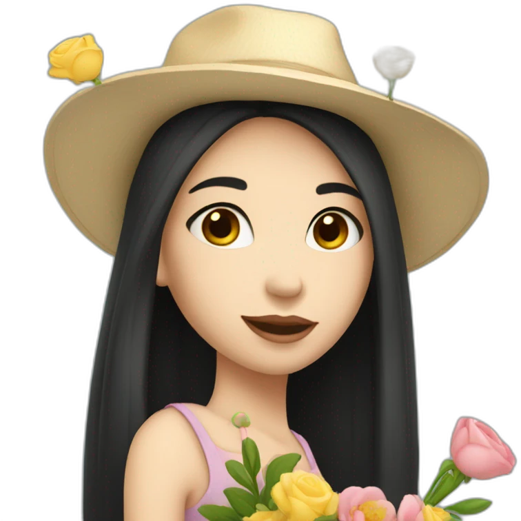 white skin, Girl with a hat, black hair straight to the shoulders, holding a bouquet of flowers emoji