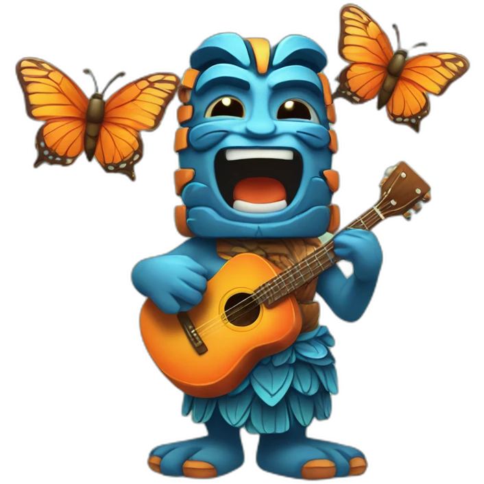 Cartoon Blue and orange tiki singing with butterfly and in the mike emoji