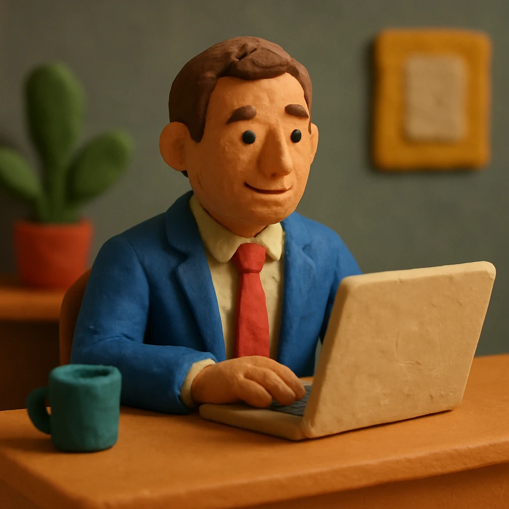 A 35-year-old male business coach sitting at a desk with a laptop emoji