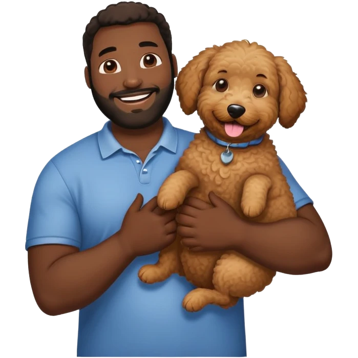 a groodle dog being held by a big black guy emoji