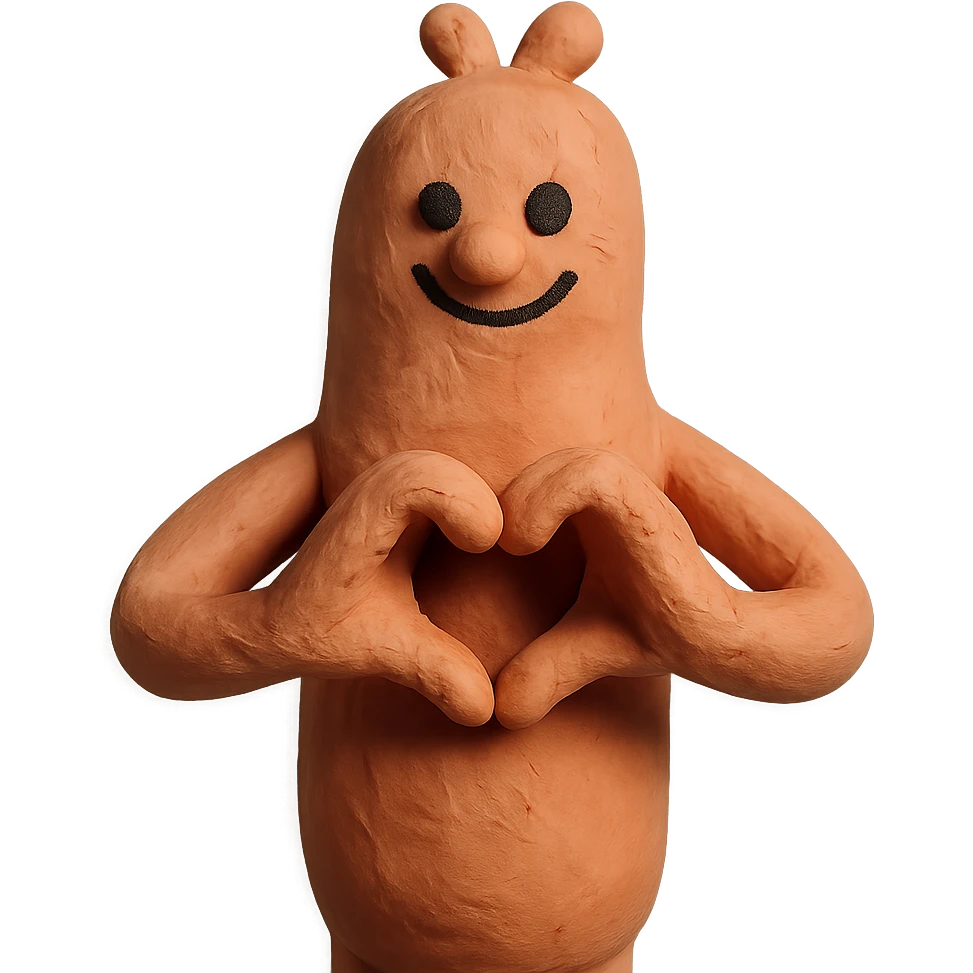 a whimsical sausage-shaped humanoid with a pinkish-orange body, forming a heart with its hands emoji