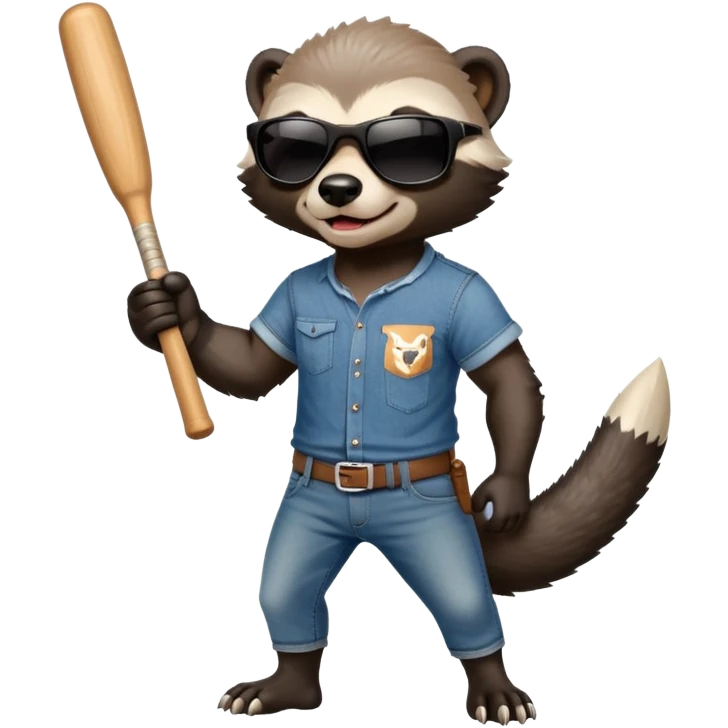 mischievous anthropomorphised honey badger in jeans and a t-shirt, wearing sunglasses, holding a baseball bat emoji